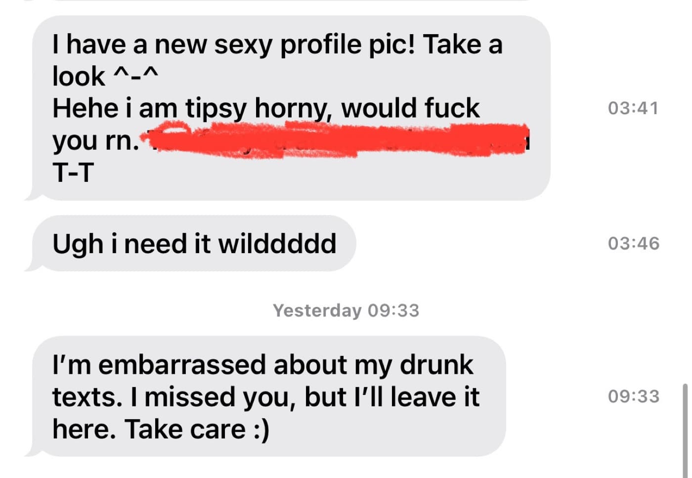 iMessage embarrassed drunk texts missed